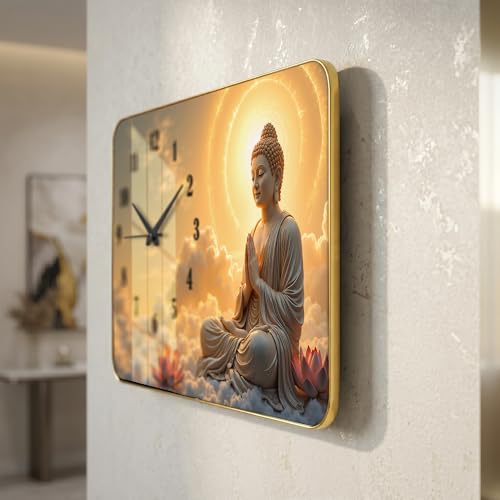 Image of Decorative Wall Clock with Glass Finish for Home & Office Decor (24x16 Inch) | Religious Buddha Wall Clock for Living Room & Temple