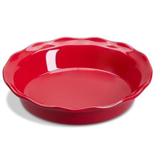 ONEMORE Pie Pan, Deep Dish Pie Pans for Baking 10 inch Large Pie Plate Ceramic Baking Dish Oven Safe | Ruffled Edge – Perfect for Chicken Pot Pies, Tarts, Quiches, Pizzas, Cakes – Red