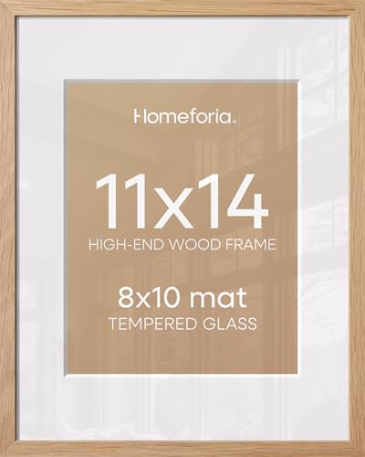 Image of Homeforia 11x14 Picture Frame Wood, High End Natural Oak 11x14 Light Wooden Poster Frames with Mat 8x10, 11 x 14 Frames Matted to 8 x 10 Photo, 14x11 Hanging Frames, Tempered Glass, Wall Kit, Set of 2