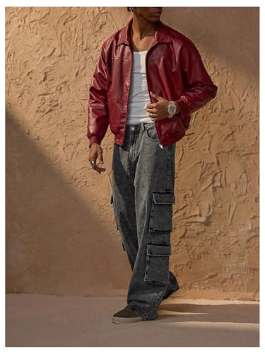 Men's PU Leather Jackets Retro Zip Up Collared Motorcycle Coats Outwear Streetwear4