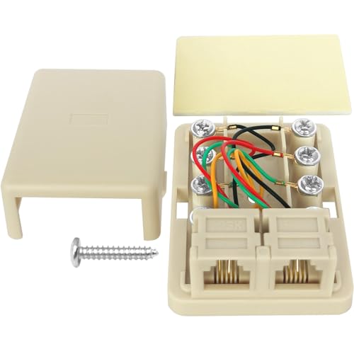 NECABLES Phone Jack Surface Mount Dual Port for 2 Phone Line Telephone Jack Box 8 Screw Terminals to 2 RJ11 6P4C Female Ivory - Thumbnail 2