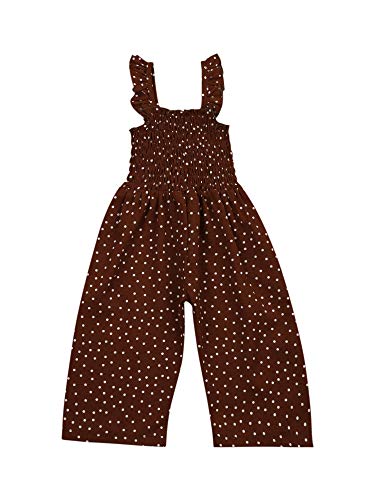 WALLARENEAR Kids Toddler Baby Girls Summer Jumpsuit Sleeveless Polka Dot Suspenders Ruffle One Piece Wide Leg Pants Overalls 1-6Y (Dark Coffee, 5-6 Years)