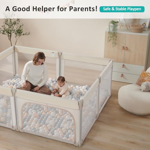 Image of Doradotey 8-Panel Foldable Baby Playpen for Toddlers 1-3, Adjustable Shape Large 59 inchx59 inch Indoor Playard, No Tools Assembly, 360 Breathable Mesh, Separate Washable Panels Safety Fence,Beige