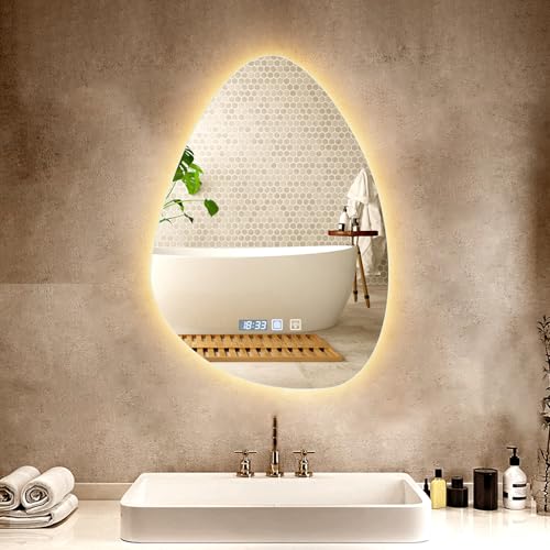 Viugreum Espejo Baño con Luz LED Regulable en 3 Colores, Lágrima 70 * 50cm Luz de Baño Espejo de Pared con Interruptor Táctil, Función Antivaho, Ajuste de Brillo, Espejos LED Retroiluminado