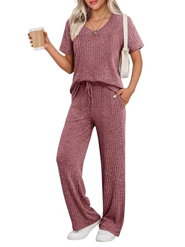 Image of Ekouaer Womens Ribbed Knit Lounge Set Short Sleeve Top and Long Pants Sleepwear Pajama Set Two Piece Matching Outfits Set