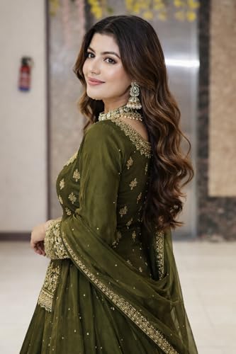 Image of Suppar Sleave Women's Chanderi Silk Embroidered Kurta Set with Lehenga Style Bottom & Dupatta | Bollywood Style Embroidery lehenga Choli Set For Woman
