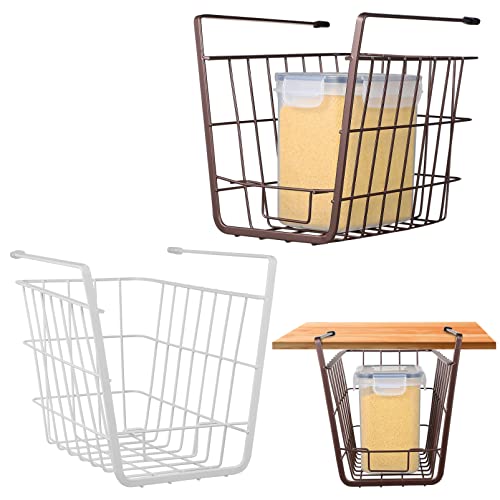 Zerodeko 2Pcs Under Shelf Basket, Iron Wire Wall Hanging Baskets Shelf Organizer Caddy Under Cabinet Container Holder For Kitchen, Bathroom, Office (White+Coffee) #TOP26