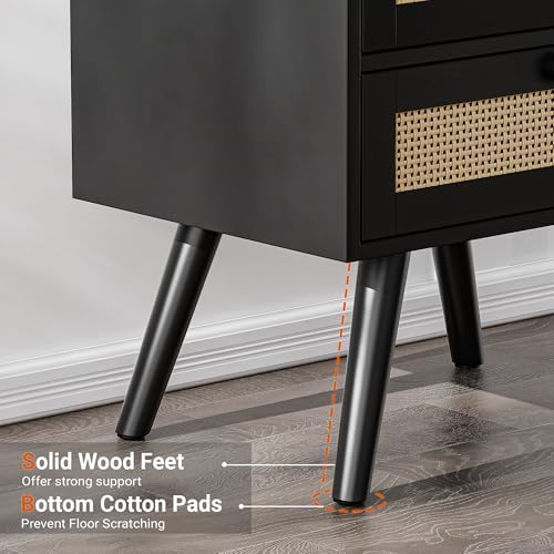 SUPERJARE 2 Drawer Night Stand with Charger Station, Boho Rattan Nightstand Set of 2, 25.2 Inch Tall Bed Side Table with Solid Wood Feet, End Table, Open Storage, Synthetic Rattan, for Bedroom, Black