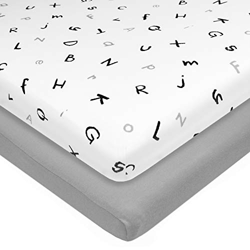 Image of American Baby Company 15 inch x 33 inch Fitted Bassinet Sheet, 100% Natural Cotton Jersey Knit, Gray /Alphabet, Soft Breathable, for Boys and Girls, 15x33 Inch Pack of 2