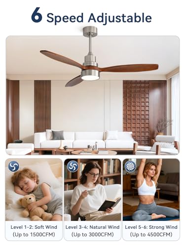 Image of Sofucor 52 inch Solid Wood Ceiling Fan with Light, Quiet 6-Speed 3 Blades Reversible LED Ceiling Fan, Modern Rustic Fan with Dimmable Light for Living Room Bedroom Home Office Cafe Patio Porch