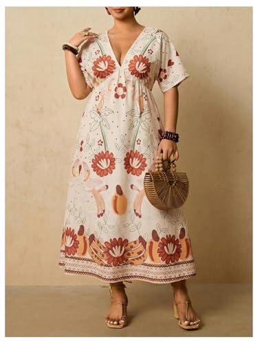 Image of Floerns Women's Plus Size Boho Hawaiian Tropical Dresses V Neck Short Sleeve Floral A Line Long Dress Vacation Beach Outfits