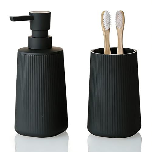 GAHEFY 2-teiliges Badezimmer-Accessoire-Set, Seifenspender mit 250 ml & Zahnputzbecher, Modernes Rillen-Design aus ABS-Kunststoff, für Waschbecken & Badablage (Schwarz)