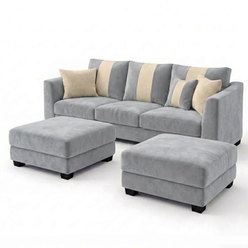 Image of Revo 5 Seater L Shape Sofa Set with 2 Movable Ottomans | Flexible Layout | Luxury Velvet Suede Fabric | Modern Living Room Sofa | Light Grey
