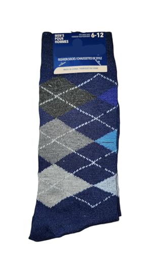 Men's Fashion Argyle Dress Socks, Navy Blue and Gray Pattern, Shoe Size 6-12, Casual Business Style