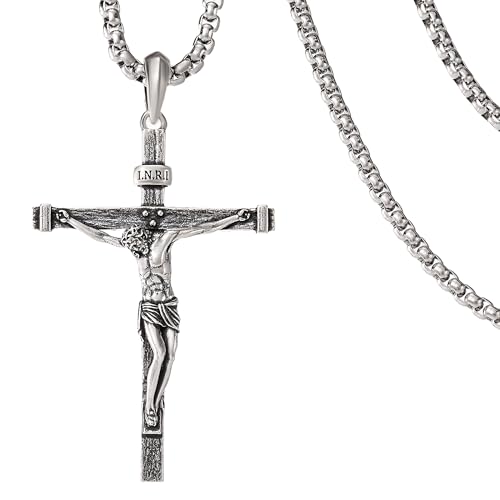 Sterling Silver Crucifix Pendant for Men, Catholic Jesus Cross Necklace for Women, 925 Sterling Silver Crucifix Necklace with Jesus Religious Gift for Easter Christmas