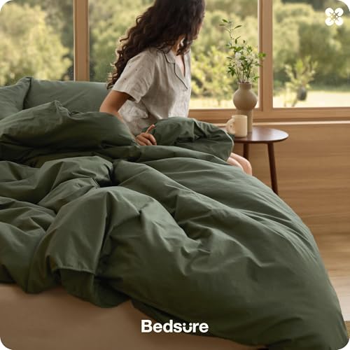 Bedsure Cotton Duvet Cover Queen - Luxury Slub Weave 100% Cotton Duvet Cover with a Linen Like Textured, Easy Change Durable Bedding, Olive Green, 90" x 90"