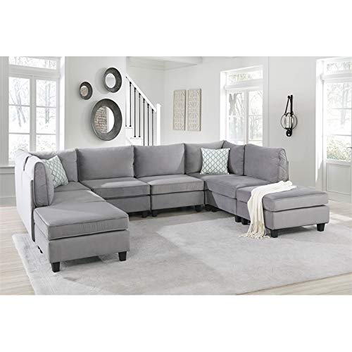 Bowery Hill Upholstery Velvet Fabric U-Shape 8Pc Modular Sectional Sofa With 2 Ottomans And 2 Accent Pillows #TOP4