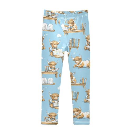 Highland Cattle Reading Book Girls Leggings Soft Stretch Workout Yoga Dance Pants for Kids Casual Tights