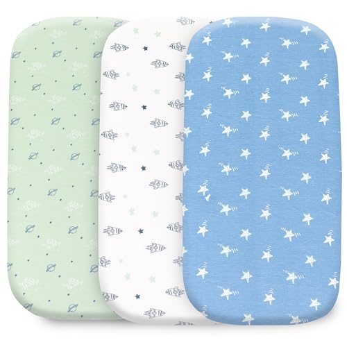 Image of Cotton Fitted Bassinet Sheets, 33x17x4, Sage Green-White-Blue, 3 Pack
