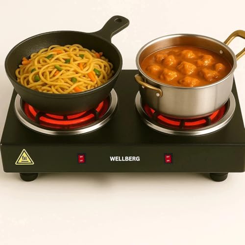 Image of Wellberg Electric Double Burner Stove 2000W | Dual Heating Plate with Rocker Switch & Light Indicator | Compact & Portable Cooktop for Home Use