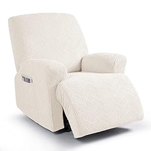 Stretch Recliner Chair Cover 3-Pieces Recliner Covers for Recliner Chair with Pockets Soft Jacquard Reclining Chair Cover Sofa Slipcovers with Elastic Straps Bottom (1 Seater, Ivory)