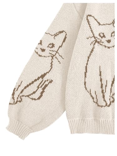 WDIRARA Women's Cartoon Cat Bishop Long Sleeve Round Neck Sweater Drop Shoulder Pullover Tops4