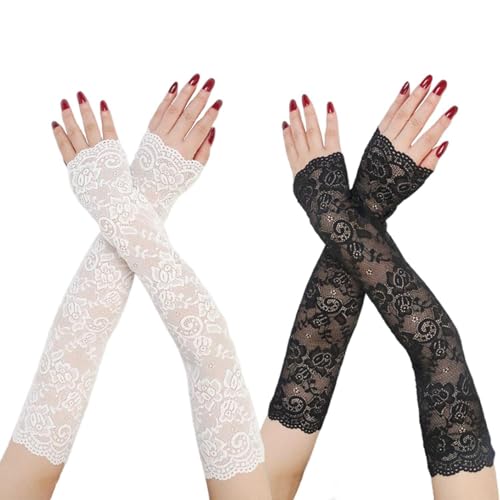 2 Paires de Manchettes en Dentelle, Gants en Dentelle, Gants Sans Doigts, Accessoires de Fête et de Protection Solaire