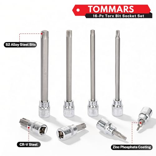 Image of TOMMARS 16-Piece 3 /8 inch Drive Conventional Torx Socket Set | T10, T15, T20, T25, T30, T40, T50, and T55, Long Torx Bit Socket Set ,S2 Alloy Steel