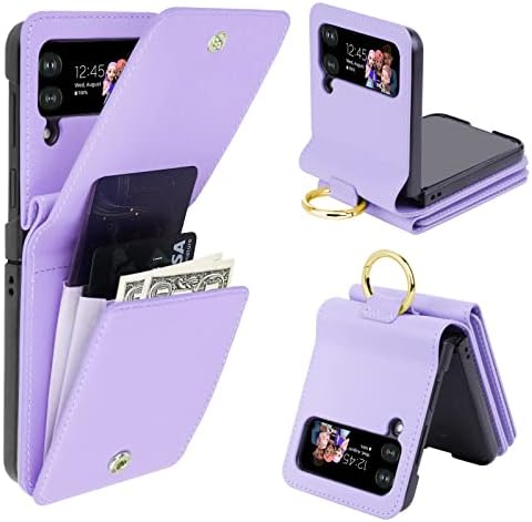 KSRIDOTE for Samsung Z Flip 4 Case with Card Holder & Ring Samsung Wallet Case Galaxy Z Flip 4 Wallet Case Cell Phone Case Wallet Gift for Women, Purple