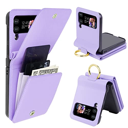 Ksridote For Samsung Z Flip 4 Case With Card Holder & Ring Samsung Wallet Case Galaxy Z Flip 4 Wallet Case Cell Phone Case Wallet Gift For Women, Purple #TOP3