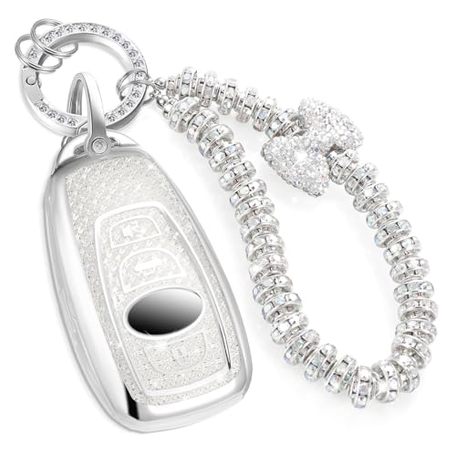 Image of Car Key Fob Cover for Subaru, Rhinestone Wristlet Case, White | Wear-resistant TPU shell, non-stretch rhinestone wristlet, daily splash, scratch and drop protection, normal signal use