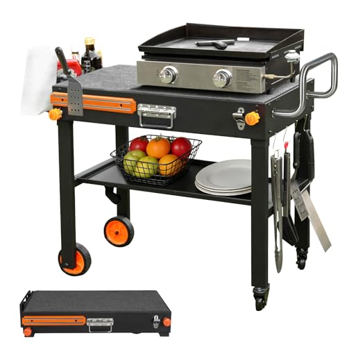 Folding Grill Table for Blackstone 17 & 22 Griddle Portable Grill Cart with Wheels 20-Second Tool-Free Setup 450 lb Heavy Duty Outdoor Cooking Prep Station for Ninja Woodfire Grill & Pizza Oven