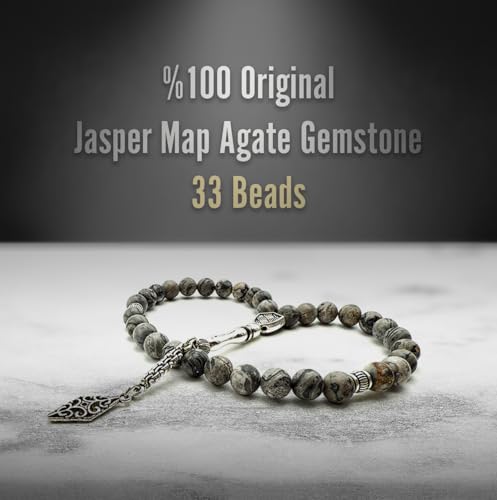 Kapobia Elegant 8mm Jasper Map Agate Handmade Tasbih – Gemstone 33 Muslim Prayer Beads, Metal Tassel with Special Case | Islamic Gifts for Dhikr, Namaz, Meditation by Kapobia - Used condition - Image 2