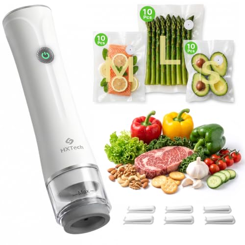 HXTech Compact Vacuum Sealer: 30 Reusable Vacuum Sealer Bags in 3 Sizes | Food Saver Vacuum Sealer Machine with Water Storage Tank, Portable Handheld Vacuum Sealer for Food, Use in Kitchen or Travel