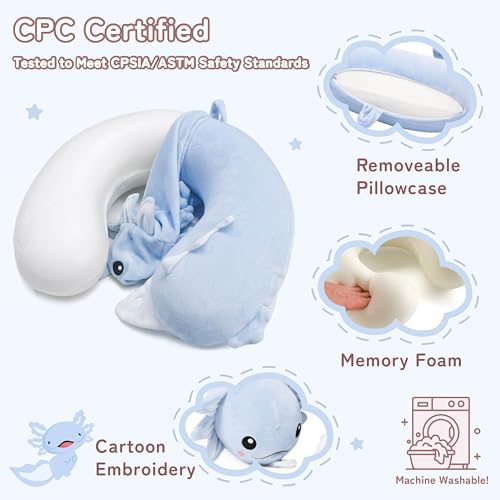 Image of Kids Travel Neck Pillow for Ages 3-8 with Memory Foam, Blue Axolotl | Removable cover, 13 in neck size, machine washable, hidden zipper, head and chin support, car seat and airplane use