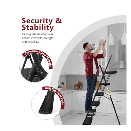 Image of 5 Step Ladder with Handrails Folding Step Stool with Tool Tray & Anti-Slip Wide Pedal for Home Kitchen Pantry Office, Lightweight Sturdy Steel Ladder with Platform for Adults