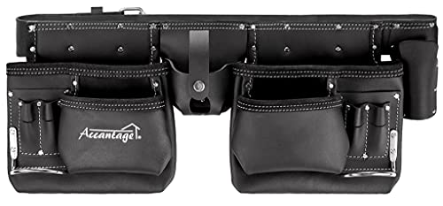 Leather Tool Belts for Men Carpenter Pro One Construction Belts for Men, Real Oil Tanned Work Belt, 2x Leather Tool Pouch 12 Pockets, Leather Carpenter Tool Belt for Men, Leather Tool Kit by ACCANTAGE