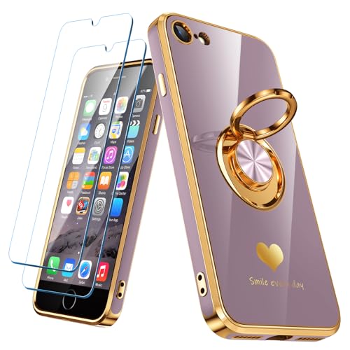 Nonional Funda compatible con iPhone 6/6S con 2 protectores de pantalla, soporte de anillo giratorio de 360° [patrón de corazones de lujo], borde dorado, funda delgada y suave para iPhone 6/6S, color