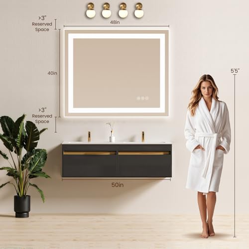 Image of 48x40 LED Bathroom Mirror with Anti-Fog, Backlit & Front Lit, Memory | Stepless Dimmable 3 Color CRI 95+ Shatterproof Tempered Glass ETL Listed for Safety Lighted Bathroom Vanity Mirror for Wall