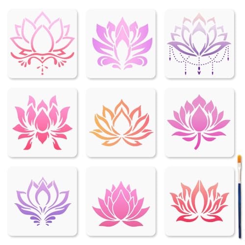 MAYJOYDIY 9 Styles Lotus Flower Stencils Water Lily Stencil 7.8x7.8inch Lotus Stencil for Painting with Paint Brush Nature Plant Templates for Craft on Window Wood Wall Home Decor