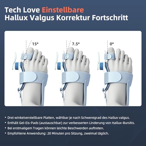 Tech Love Hallux Valgus Korrektur Fixierplatte Upgrade Kältekompresse Hallux Valgus Ballen Zehen Korrektor mit 3 Verschiedenen Befestigungswinkeln Schiene für Zehen Tag und Nacht Unisex Blau