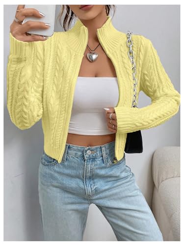 Image of MakeMeChic Women's Cropped Cable Knit Sweater Zip Cardigan Fall Clothes