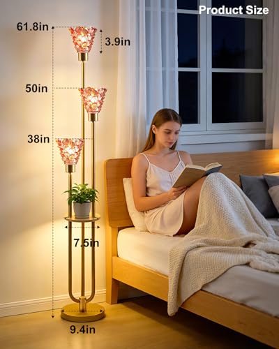 Image of 3-Light Modern Glass Floor Lamp with Shelf, Gold Tall Standing Lamp with Deep Red Flower Glass Shade, LED Floor Lamp with Foot Switch& 5Lbs Heavy Base for Living Room Bedroom, Bulb Included