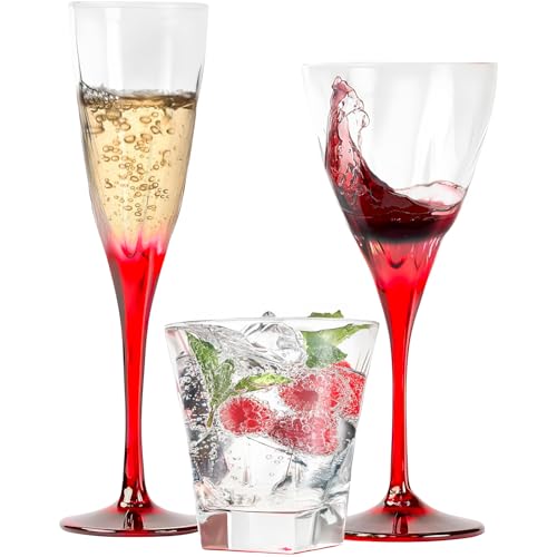 Avilia Set Bicchieri 18 Pezzi - 6 Calici da Vino, 6 Flute Champagne, 6 Bicchieri Acqua, Vetro Trasparente con Dettagli Rossi, Elegante e ideale per Cenoni di Natale e Capodanno