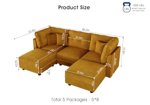 Image of LLappuil Modular Sectional Sofa with Storage, U-Shaped 5-Seat Corduroy Couch with 5 Throw Pillows, Pet-Friendly Convertible Sofa for Small Space, Skin-Friendly, Yellow