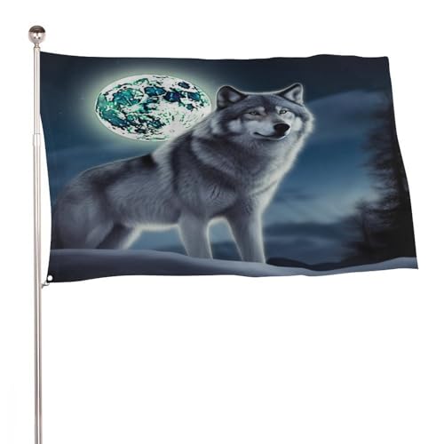 Drapeaux d'extérieur de 60 x 90 cm loup sous la lune et bannière en polyester