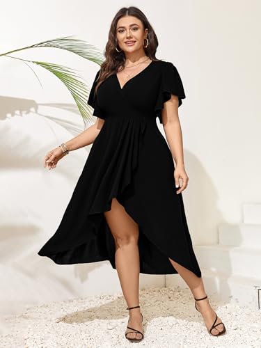 Women Plus Size Maxi Dress Short Sleeve Wrap V Neck High Low Split Long Dress2