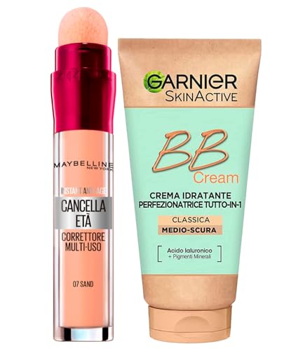 Garnier Skinactive BB Cream Moisturizing Perfecting Face Cream All in 1 SPF25 Medium-Dark Shade + Erase Age Multipurpose Liquid Concealer Color 07 Sand with Sponge Applicator
