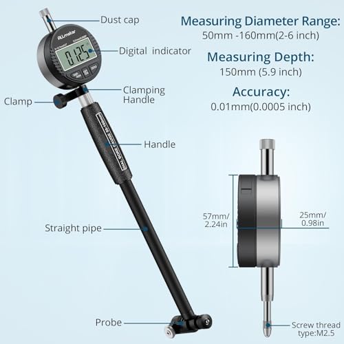 ALLmeter Digitales Bohrungsmessgerät Messuhr Set 50-160 mm, Präzisions-Innendurchmesser Messwerkzeug mit 12 Sonden, Zylinder Messuhr für Formabweichungen 0,01 mm