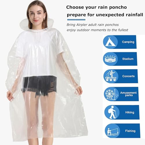 Image of Disposable Rain Ponchos for Adults, Clear Poncho with Hood, Emergency raincoats for Hiking, Camping, Travel